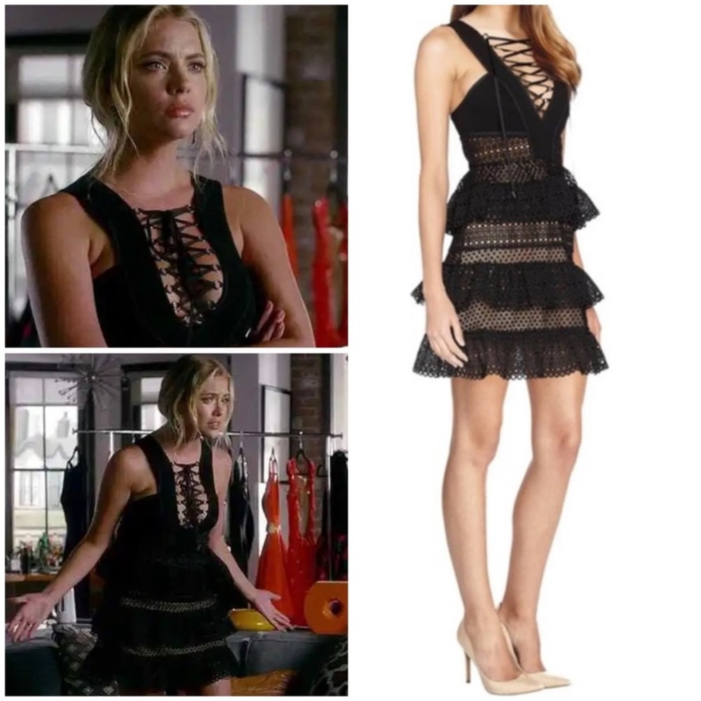 Self-Portrait Lace-up Tiered Lace Organza Dress Black Size 2 As Seen on TV NEW